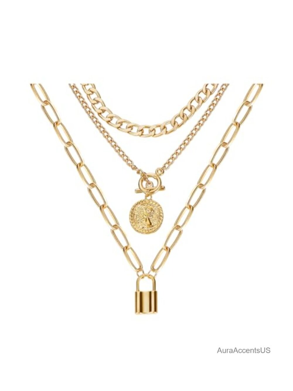 Layered Necklace Set for Women Chunky Gold Tone Coin Pendant Chain Necklace